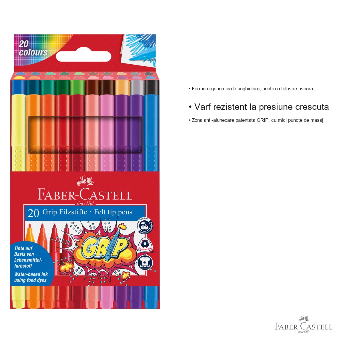 Set 20 carioci Faber-Castell Grip, forma ergonomica triunghiulara, cerneala pe baza de apa, pentru copii [2]