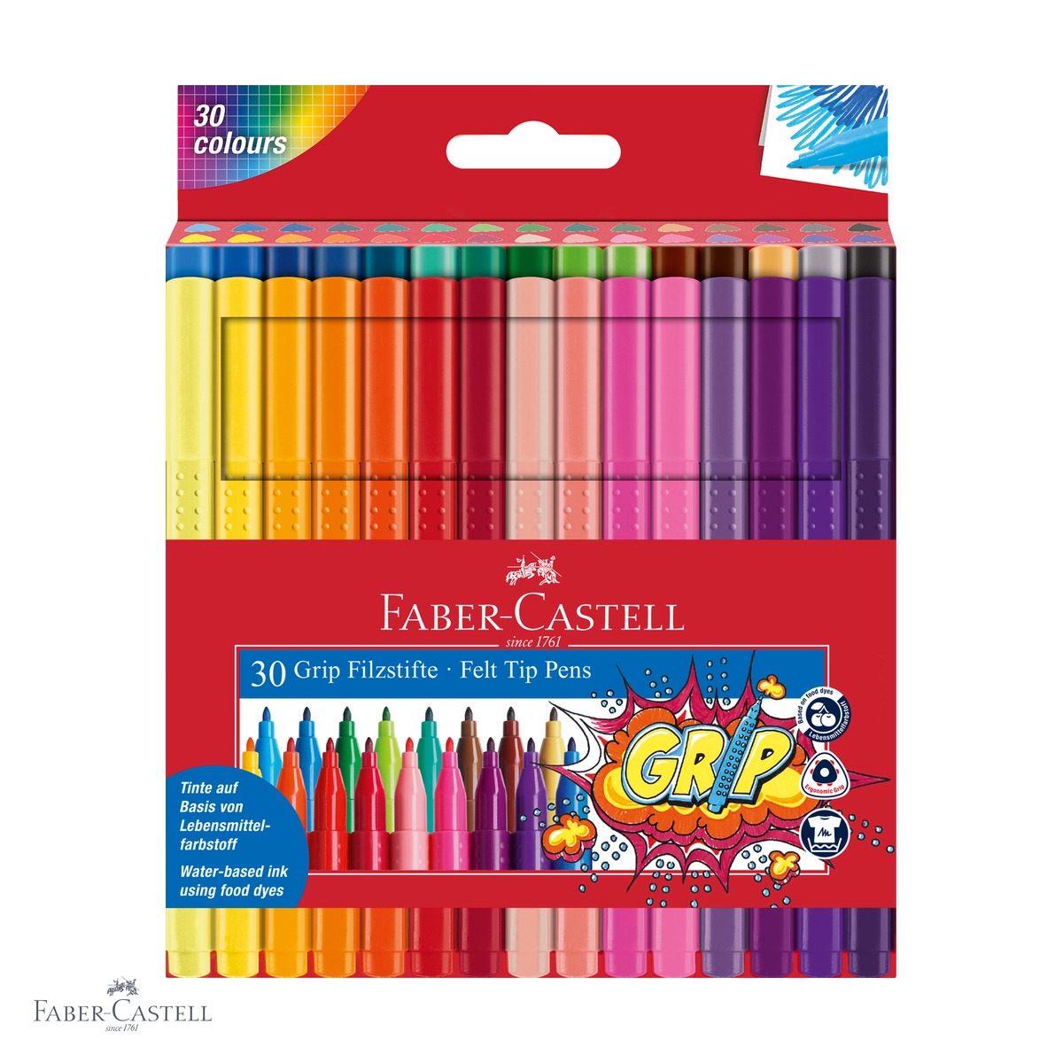 Carioci - Set 30 carioci Faber-Castell Grip, forma ergonomica triunghiulara, cerneala pe baza de apa, pentru copii si scoala