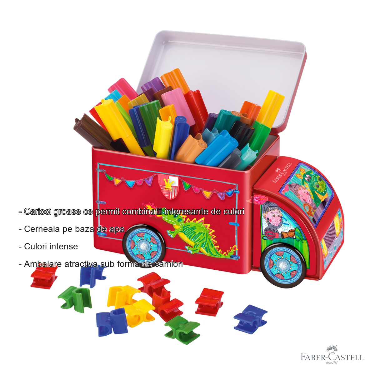 Set 33 carioci Connector Faber-Castell in camion metalic, cerneala pe baza de apa, pentru copii [1]