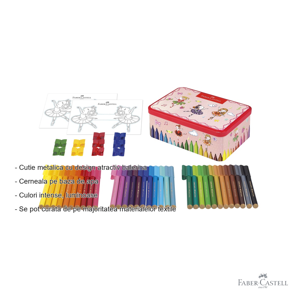 Set 33 carioci Faber-Castell Connector Ballerina, cutie metalica, cerneala pe baza de apa, pentru copii [1]