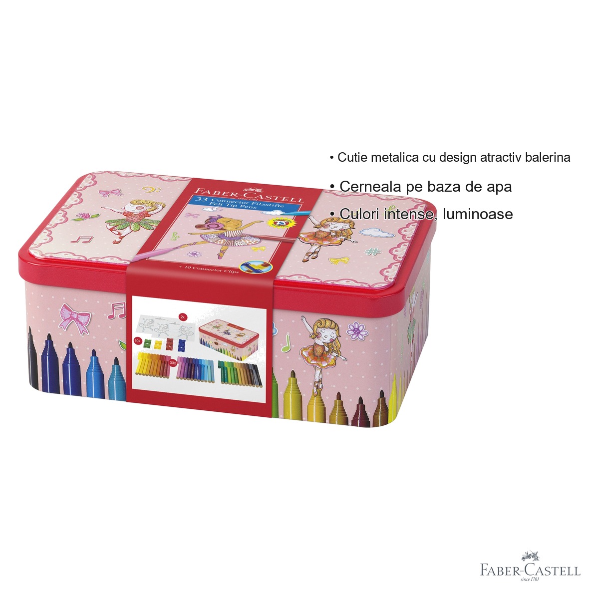 Set 33 carioci Faber-Castell Connector Ballerina, cutie metalica, cerneala pe baza de apa, pentru copii [2]