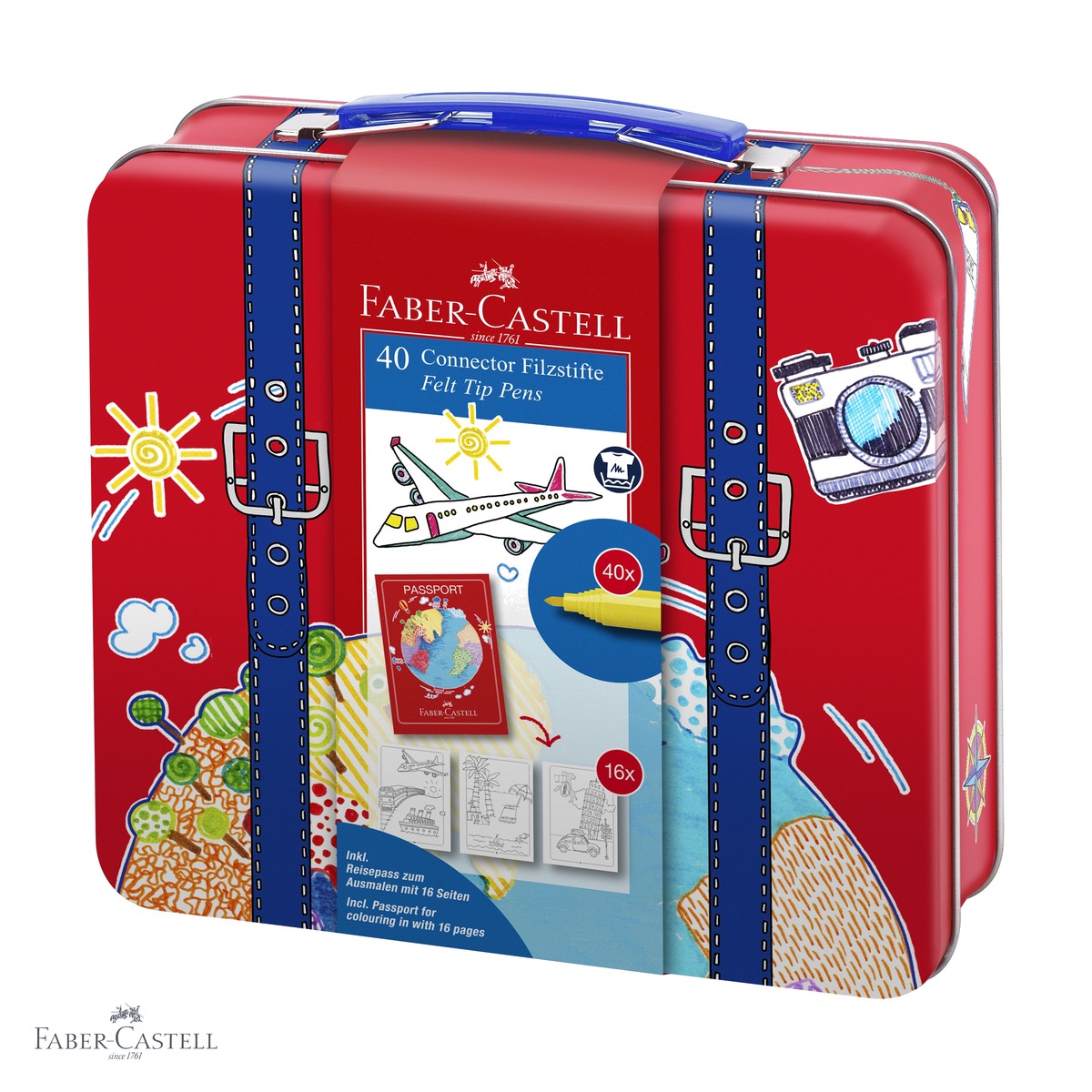 Carioci - Set 40 carioci Faber-Castell Connector, cutie metal tip valiza, cu clipsuri conectoare si carte de colorat