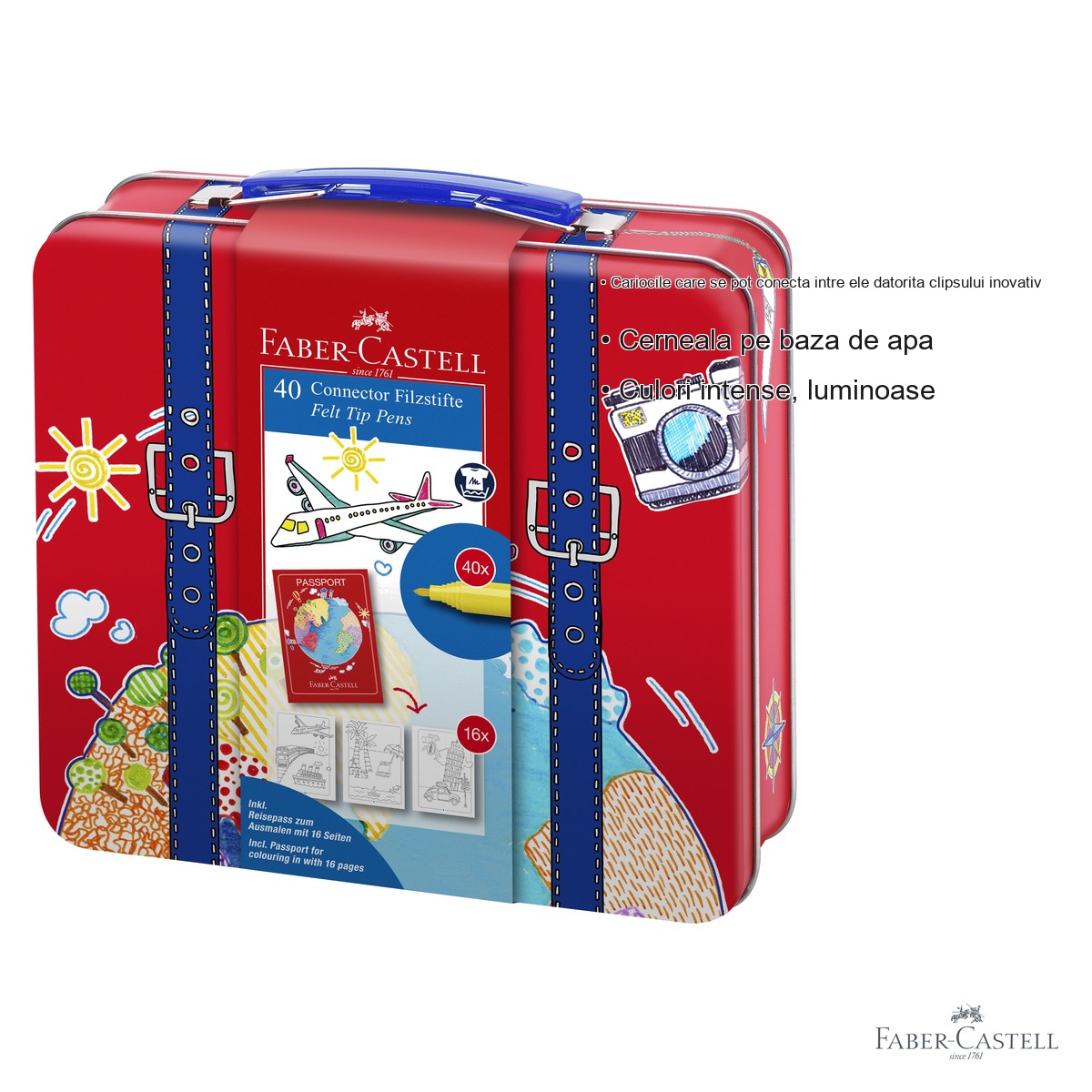 Set 40 carioci Faber-Castell Connector, cutie metal tip valiza, cu clipsuri conectoare si carte de colorat [2]
