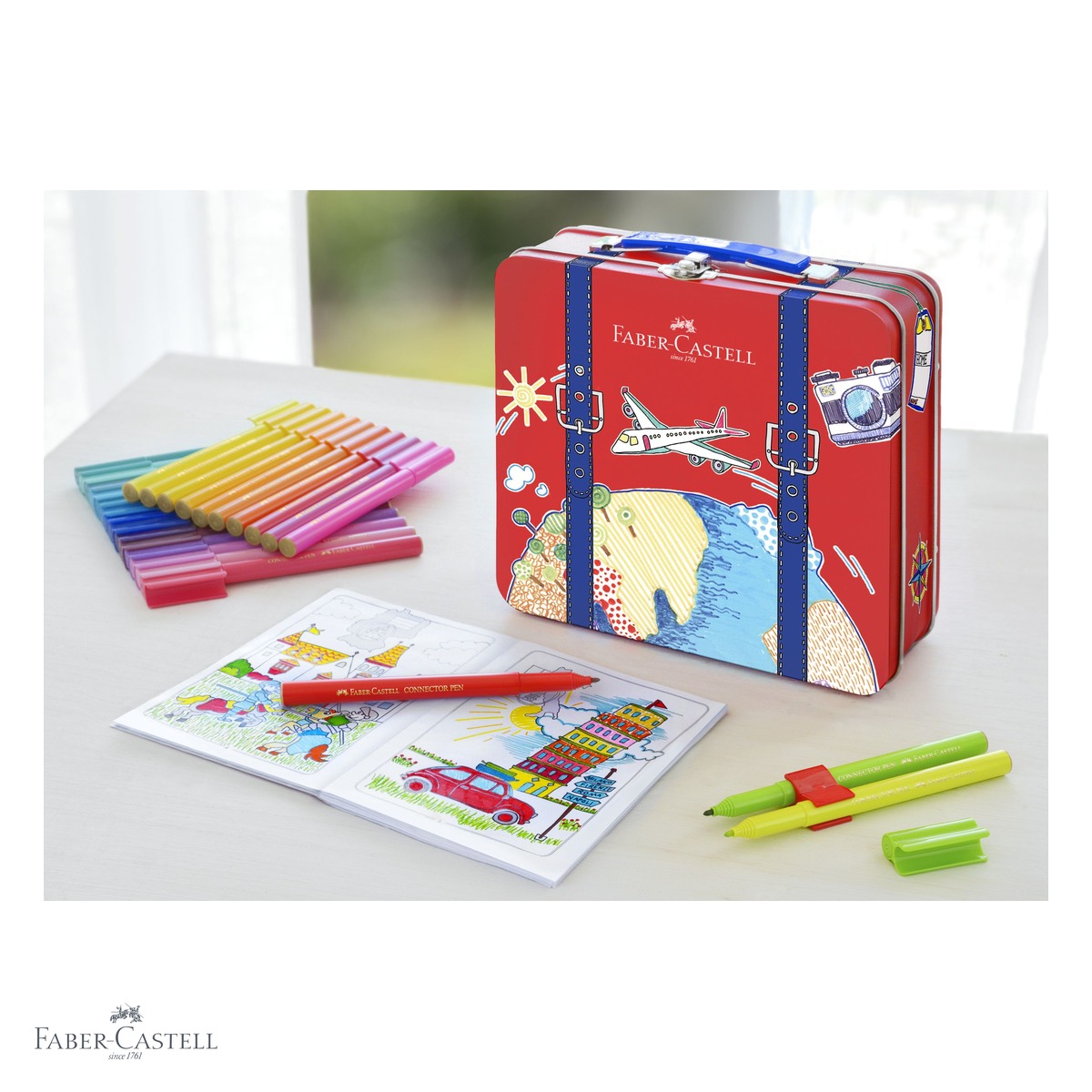 Set 40 carioci Faber-Castell Connector, cutie metal tip valiza, cu clipsuri conectoare si carte de colorat [3]
