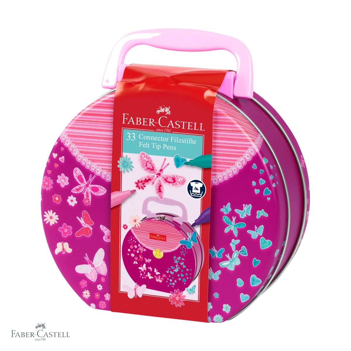 Carioci - Set 33 carioci Faber-Castell Connector in cutie metalica tip gentuta, cerneala pe baza de apa, pentru copii si adulti