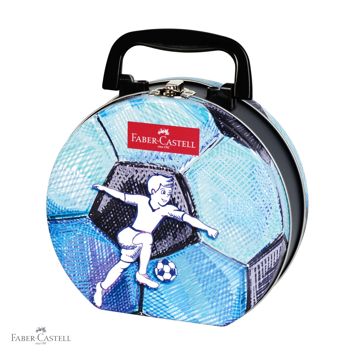 Carioci - Set 33 carioci Connector Faber-Castell, cutie metalica minge de fotbal, culori intense pentru copii