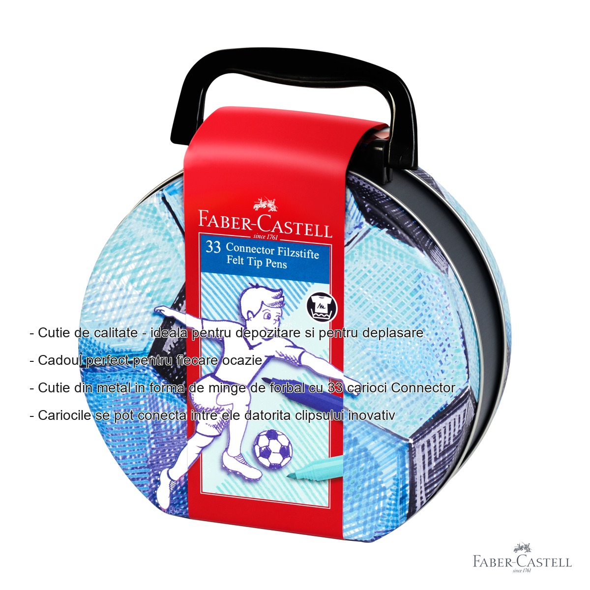 Set 33 carioci Connector Faber-Castell, cutie metalica minge de fotbal, culori intense pentru copii [1]