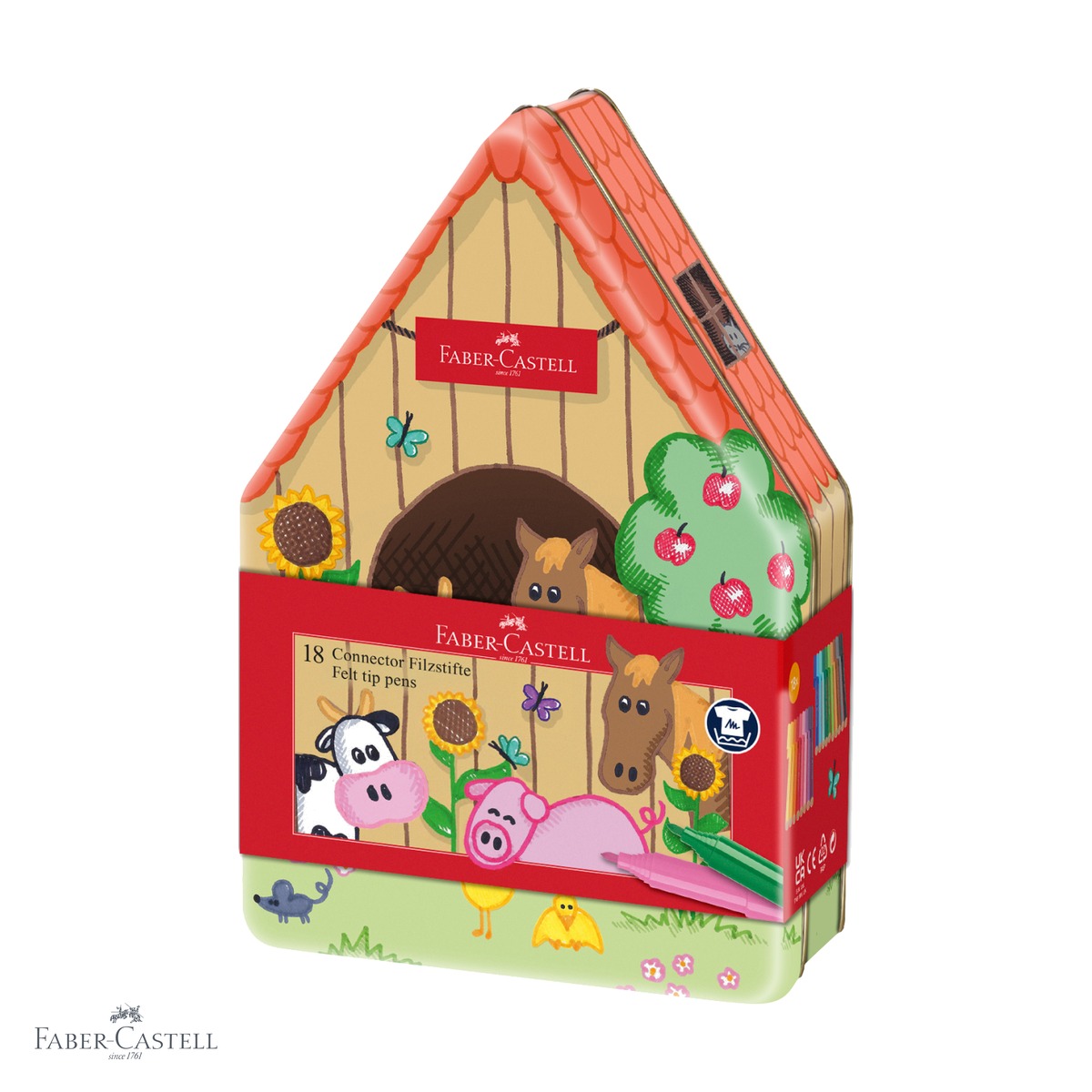 Carioci - Set 18 carioci Faber-Castell Connector, model Ferma Animalelor, cerneala pe baza de apa, pentru copii