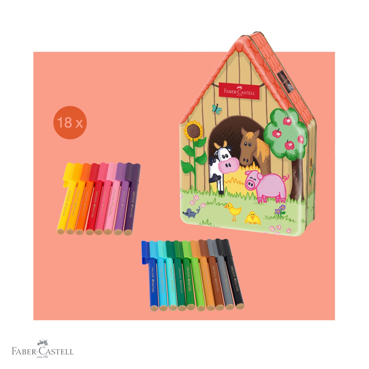 Set 18 carioci Faber-Castell Connector, model Ferma Animalelor, cerneala pe baza de apa, pentru copii [3]