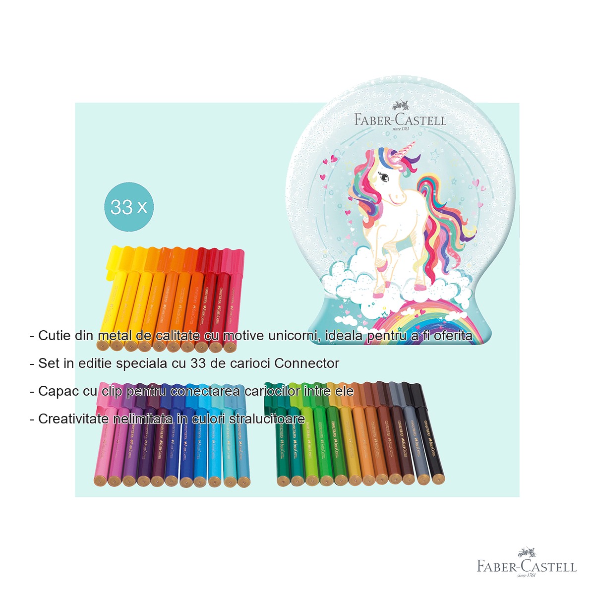 Set 33 carioci Faber-Castell Connector, editie speciala Unicorni, cutie metalica, pentru copii [1]