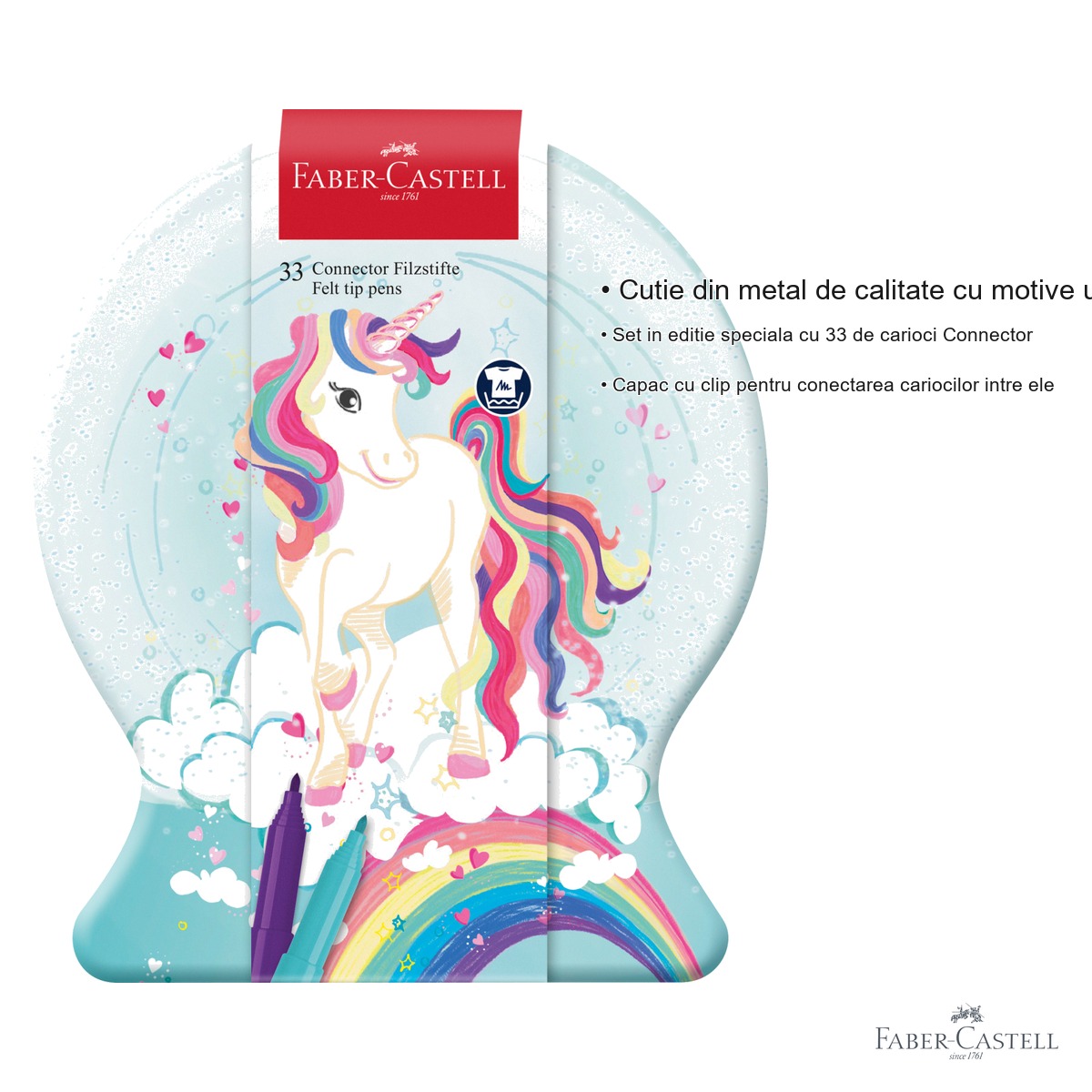 Set 33 carioci Faber-Castell Connector, editie speciala Unicorni, cutie metalica, pentru copii [2]