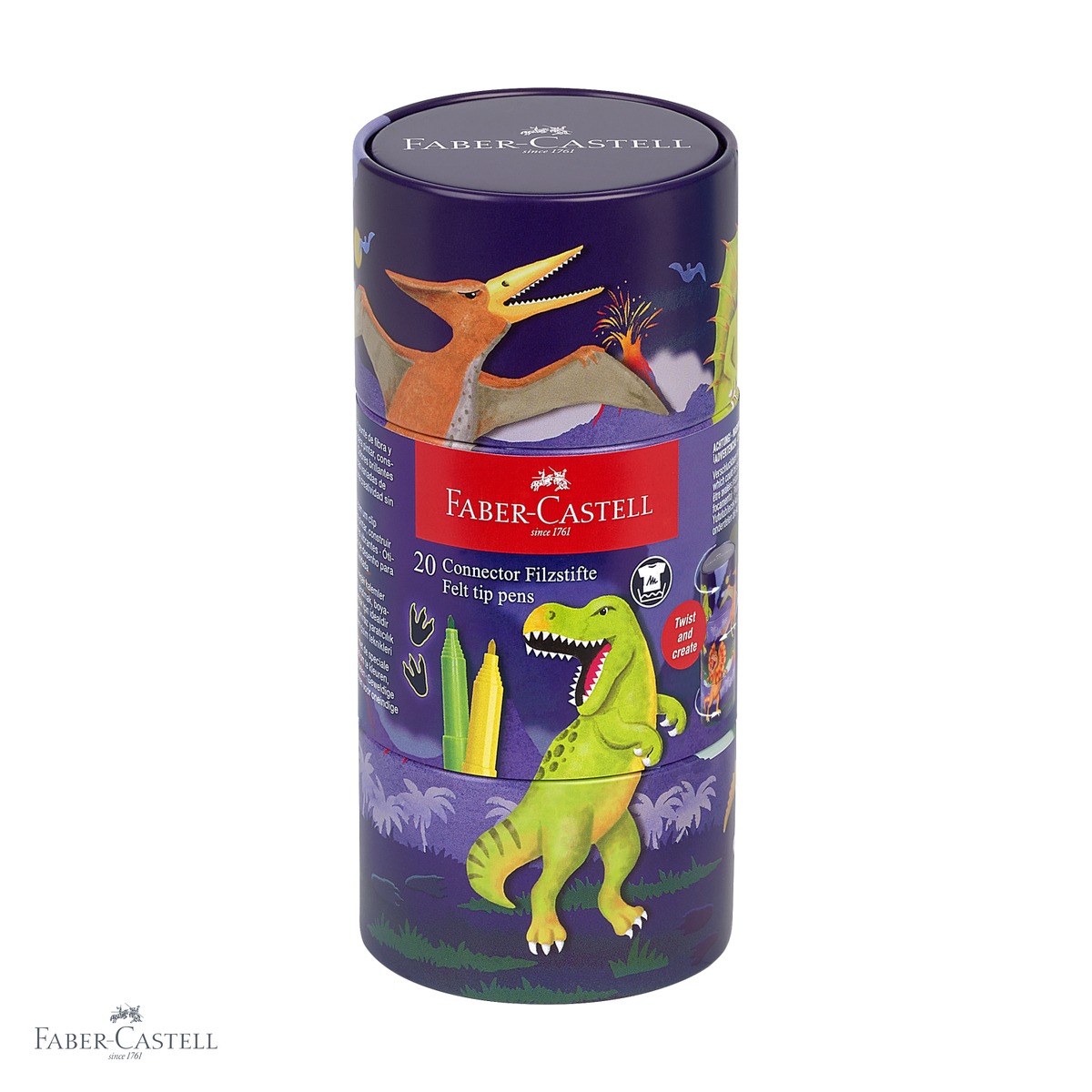 Carioci - Set 20 carioci Faber-Castell Connector editie dinozauri, capac interconectabil, culori intense pentru copii