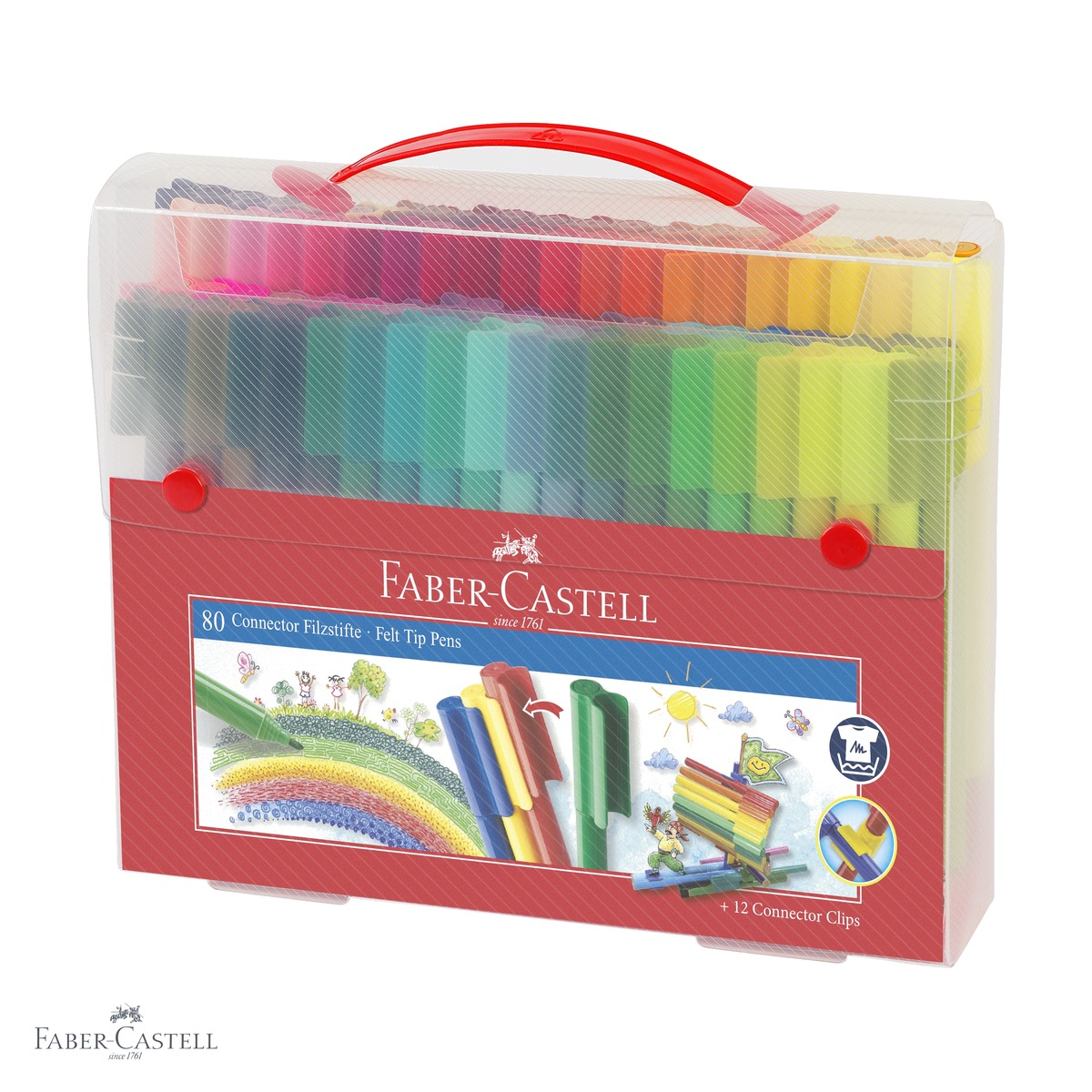 Carioci - Set 80 carioci Faber-Castell Connector, cutie metalica tip valiza, cu clipsuri conectoare si carti de colorat, cadou pentru copii