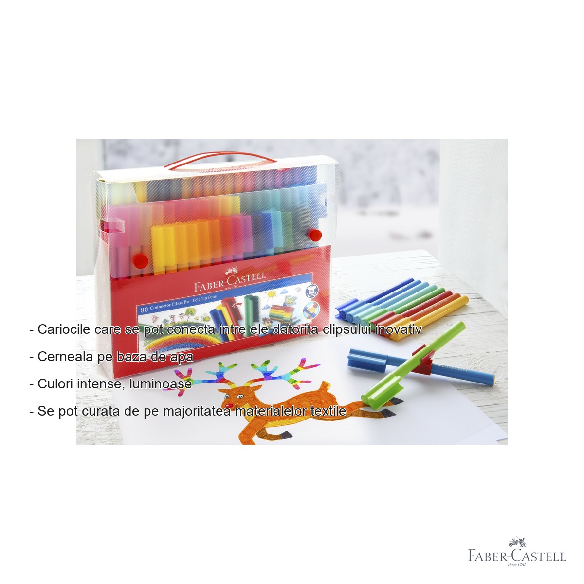 Set 80 carioci Faber-Castell Connector, cutie metalica tip valiza, cu clipsuri conectoare si carti de colorat, cadou pentru copii [1]
