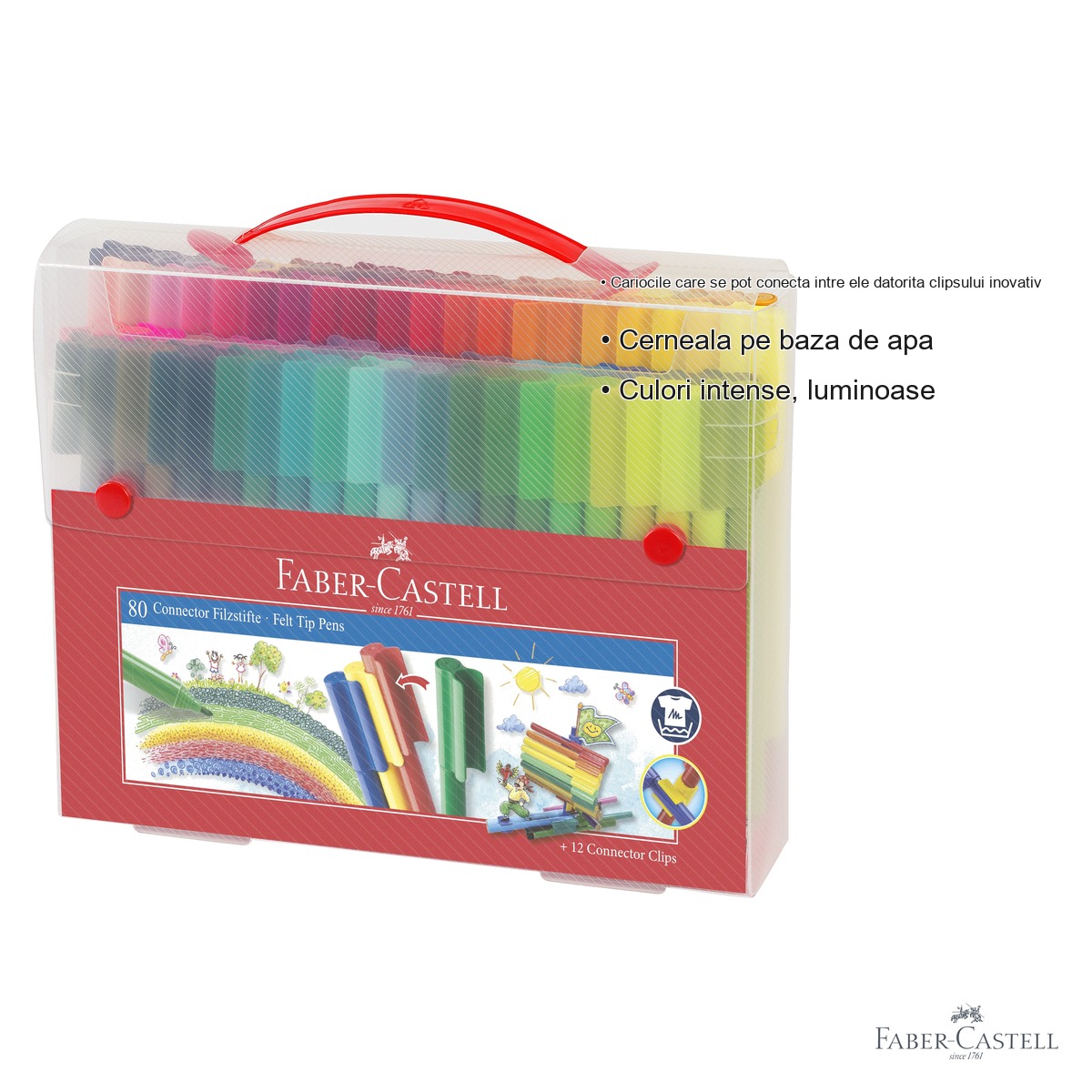 Set 80 carioci Faber-Castell Connector, cutie metalica tip valiza, cu clipsuri conectoare si carti de colorat, cadou pentru copii [2]