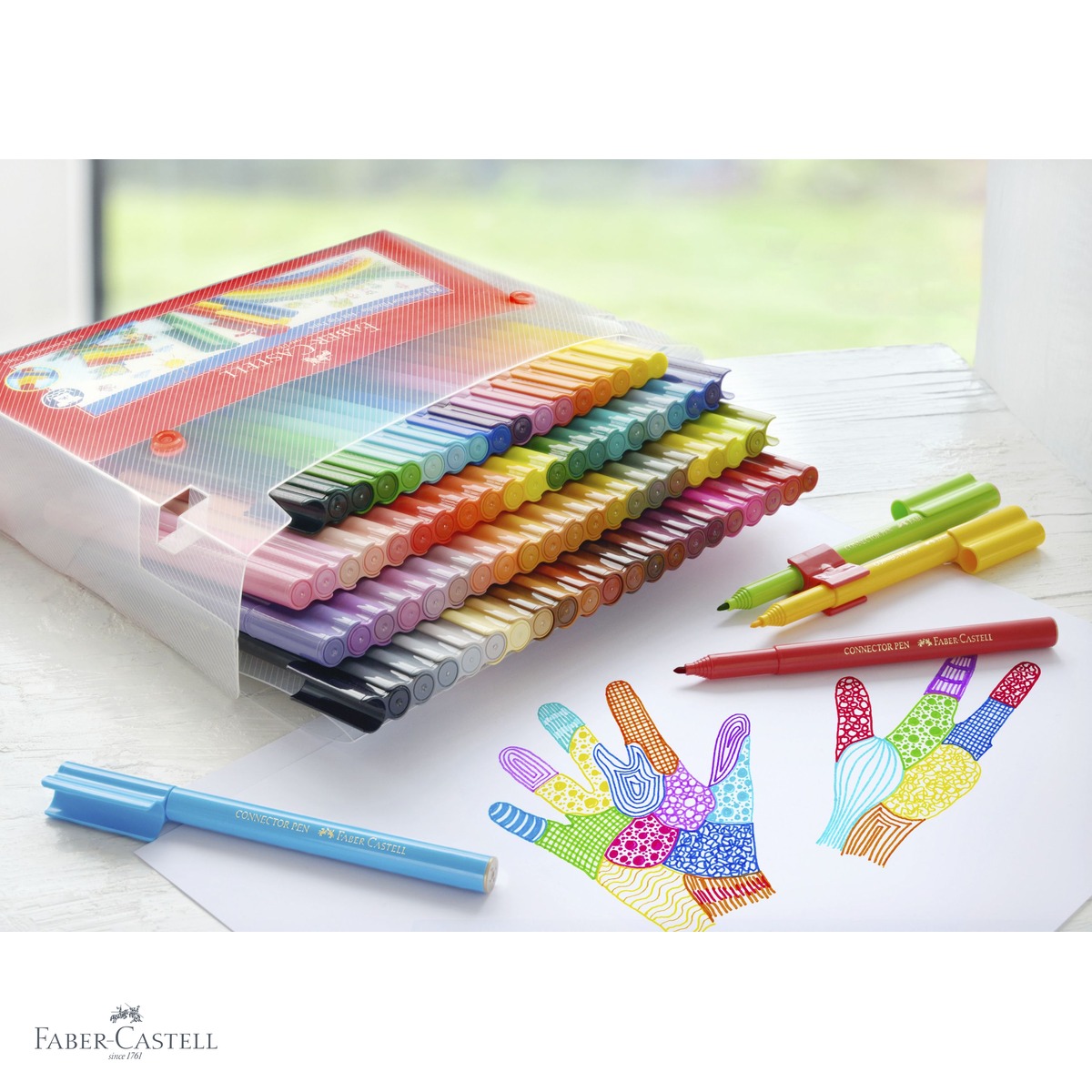 Set 80 carioci Faber-Castell Connector, cutie metalica tip valiza, cu clipsuri conectoare si carti de colorat, cadou pentru copii [3]