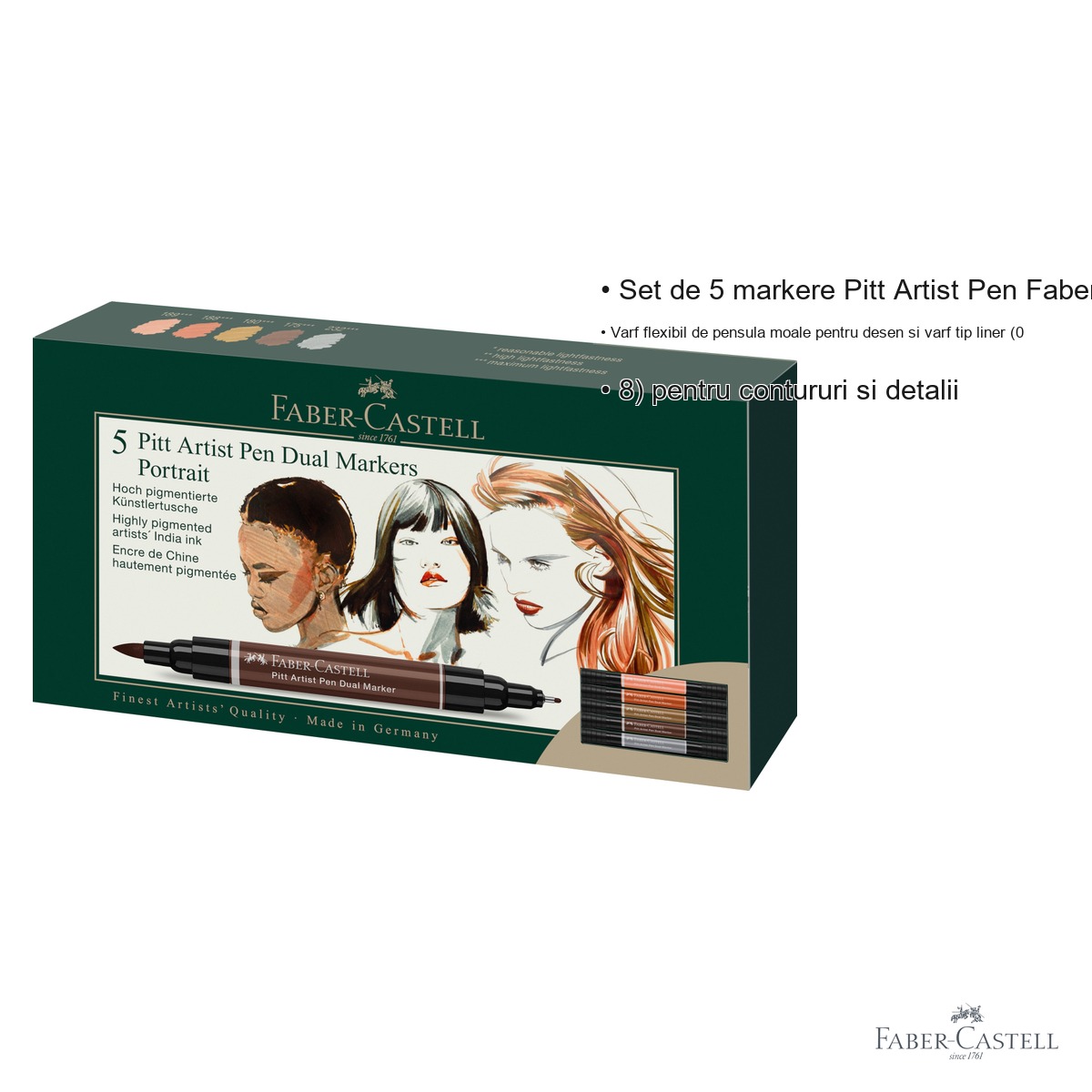 Set 5 markere duale Faber-Castell Pitt Artist Pen, varf pensula si liner, pentru portret si ilustratie [2]