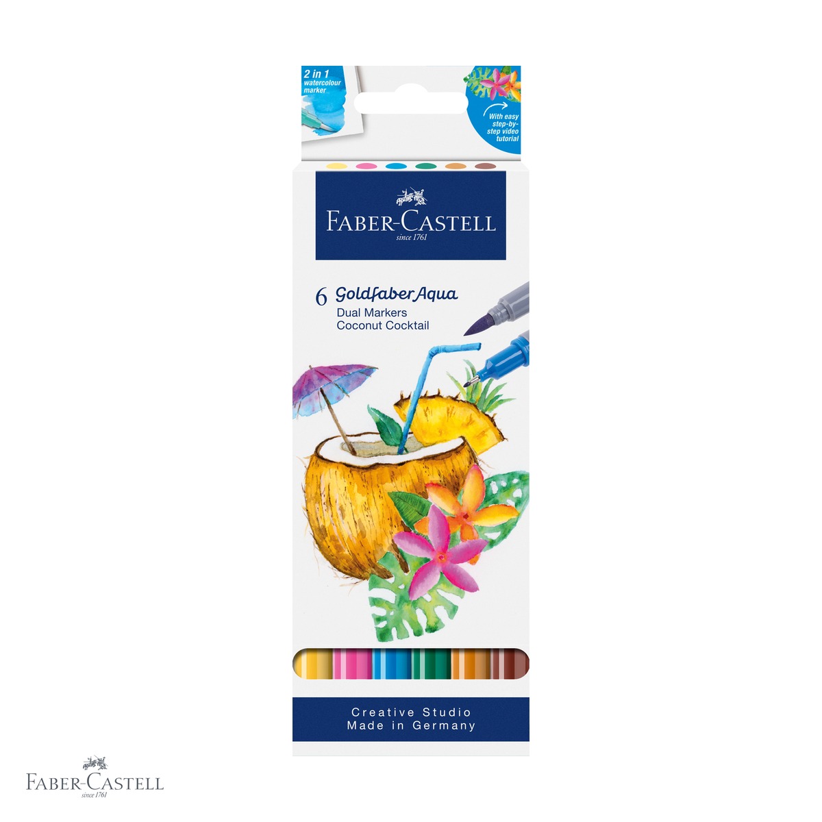 Markere - Set 6 markere solubile cu 2 capete Faber-Castell Goldfaber, colectia Tropical, pentru pictura artistica si desen