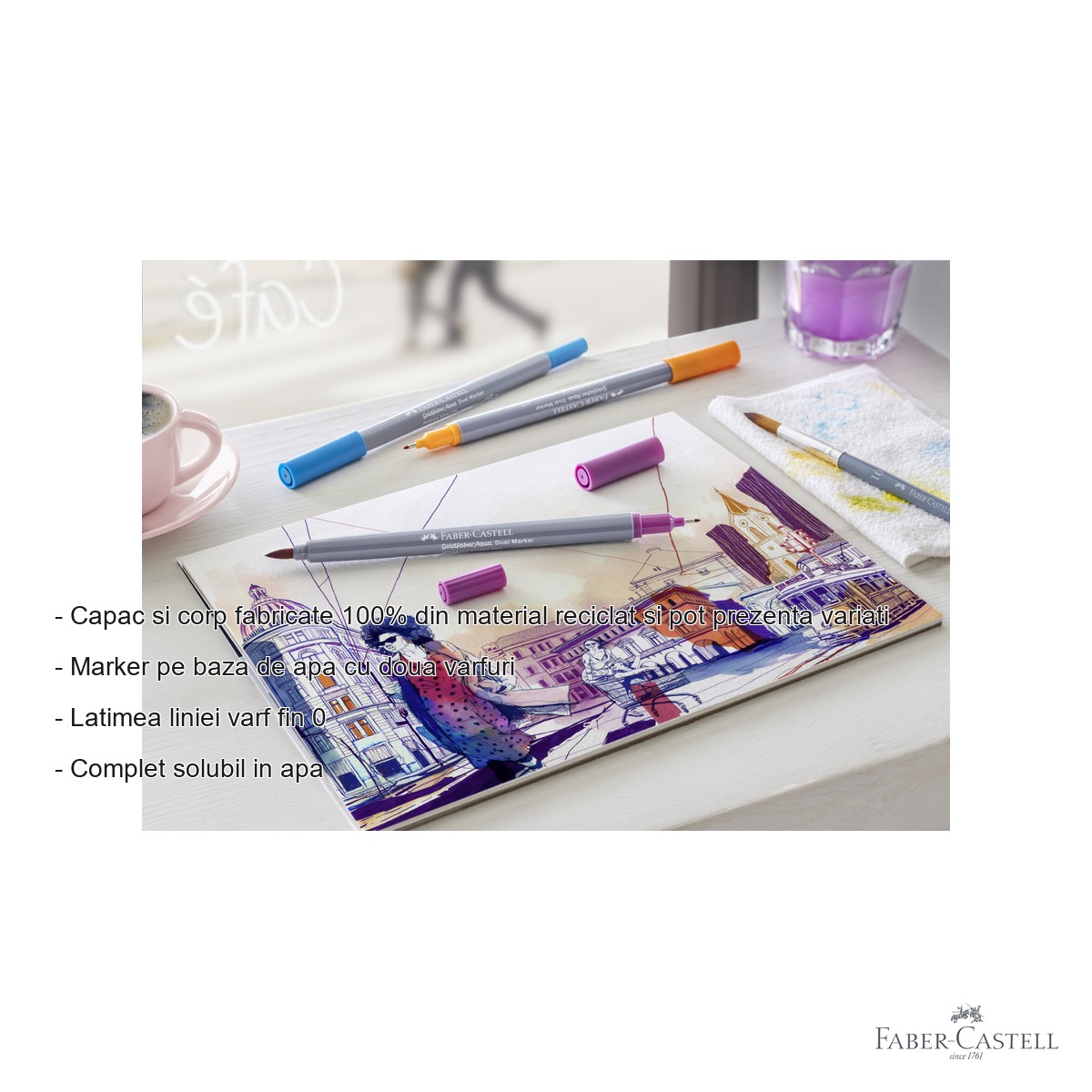 Marker solubil cu doua capete Faber-Castell Goldfaber, albastru mangan 245, varf pensula si varf fin, pentru desen artistic [1]