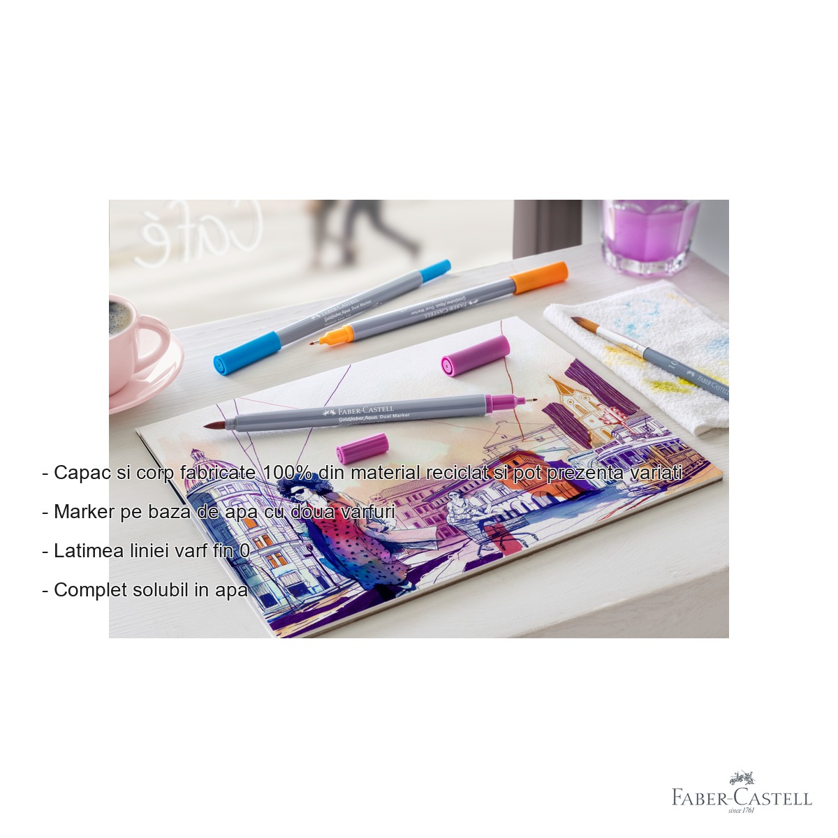 Marker solubil 2 capete Faber-Castell Goldfaber, varf pensula si varf fin 0.4 mm, albastru indian 247 [1]