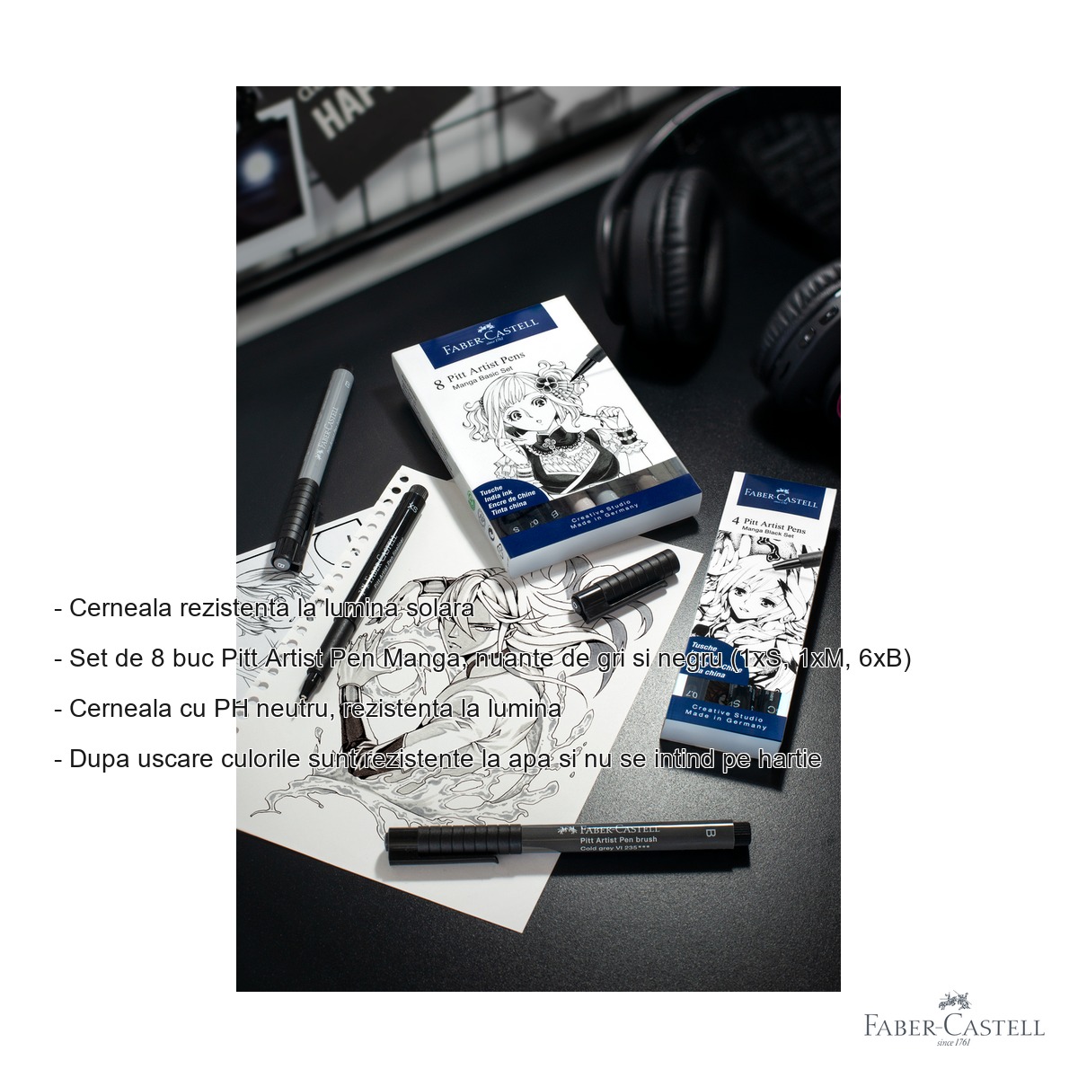 Set 8 markere Pitt Artist Pen Manga Faber-Castell, nuante gri si negru, varf pensula, pentru desen manga si schite [1]