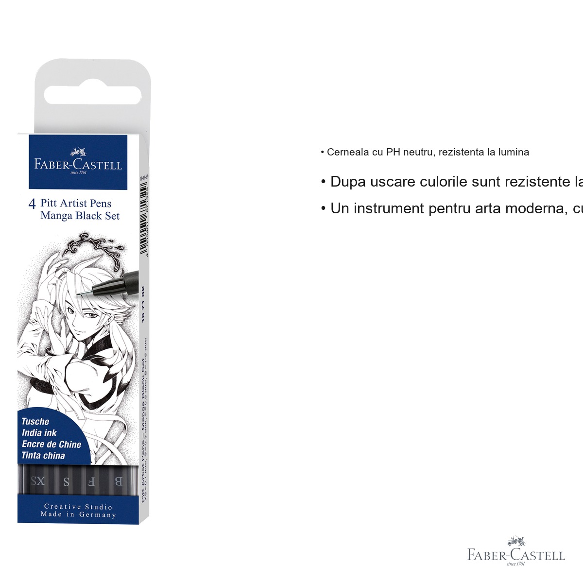 Set 4 linere Faber-Castell Pitt Artist Pen Manga negru, cerneala rezistenta la apa, pentru schite si desen tehnic [2]