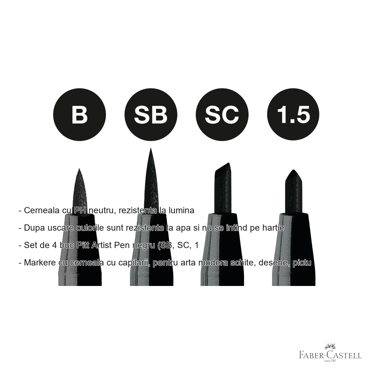 Set 4 markere Pitt Artist Pen Faber-Castell, cerneala neagra rezistenta la apa, pentru schite si ilustratie [1]