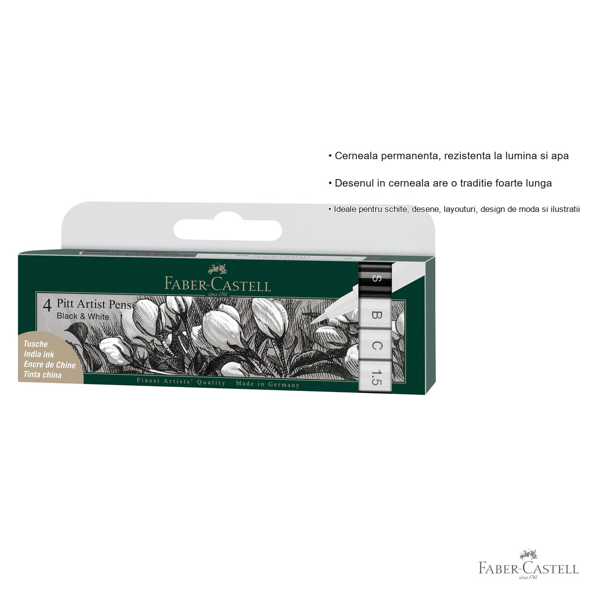 Set 4 markere Pitt Artist Pen Faber-Castell, varf pensula si caligrafic, alb si negru, pentru ilustratie si design [2]