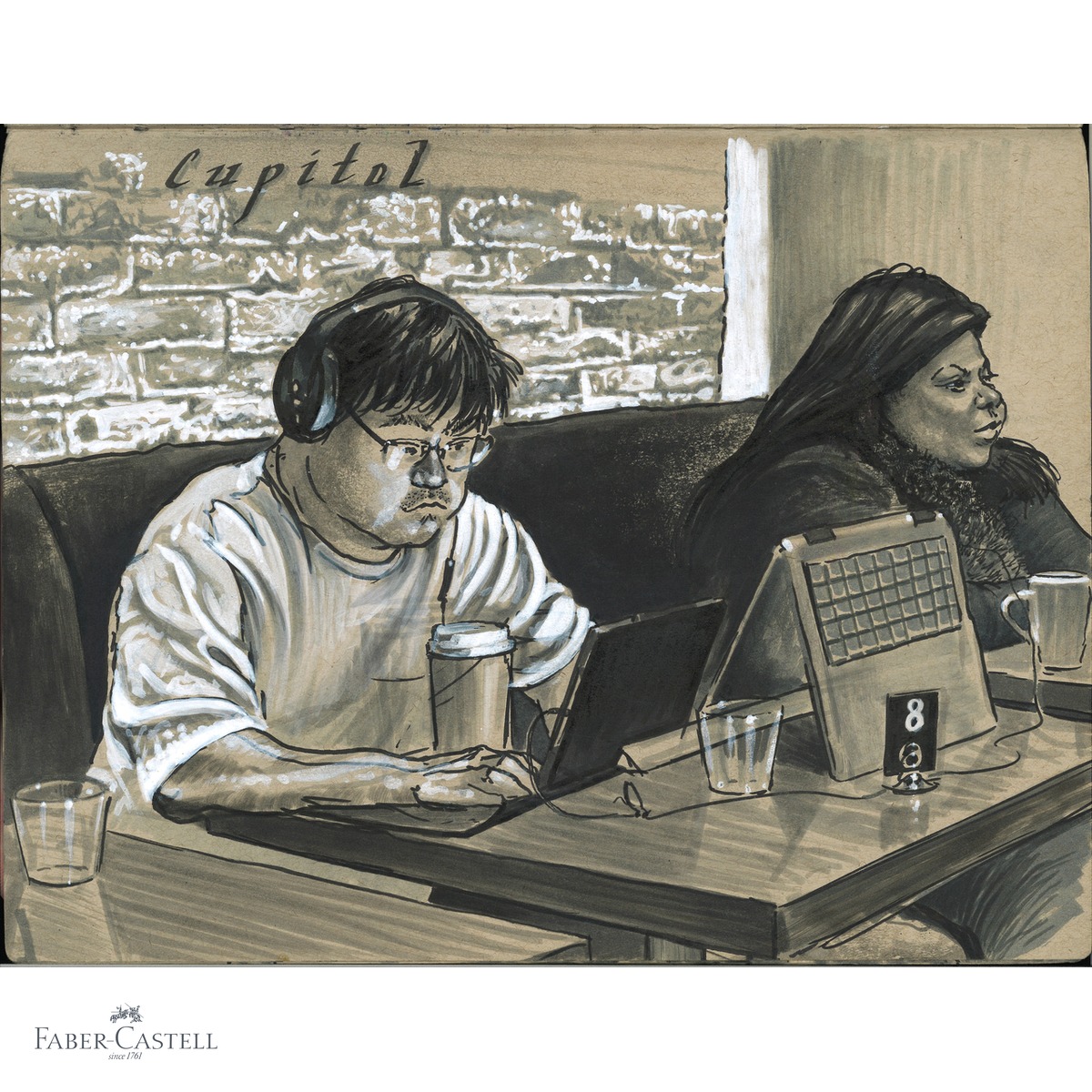 Set 4 markere Pitt Artist Pen Faber-Castell, varf pensula si caligrafic, alb si negru, pentru ilustratie si design [3]