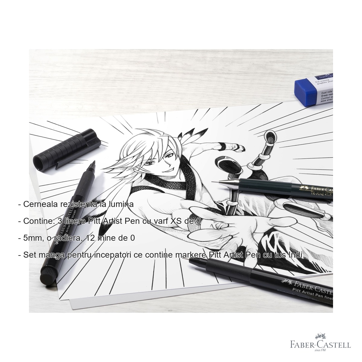 Set manga pentru incepatori Faber-Castell Pitt Artist Pen, cu linere, creion mecanic si manechin, pentru desen manga si ilustratie [1]
