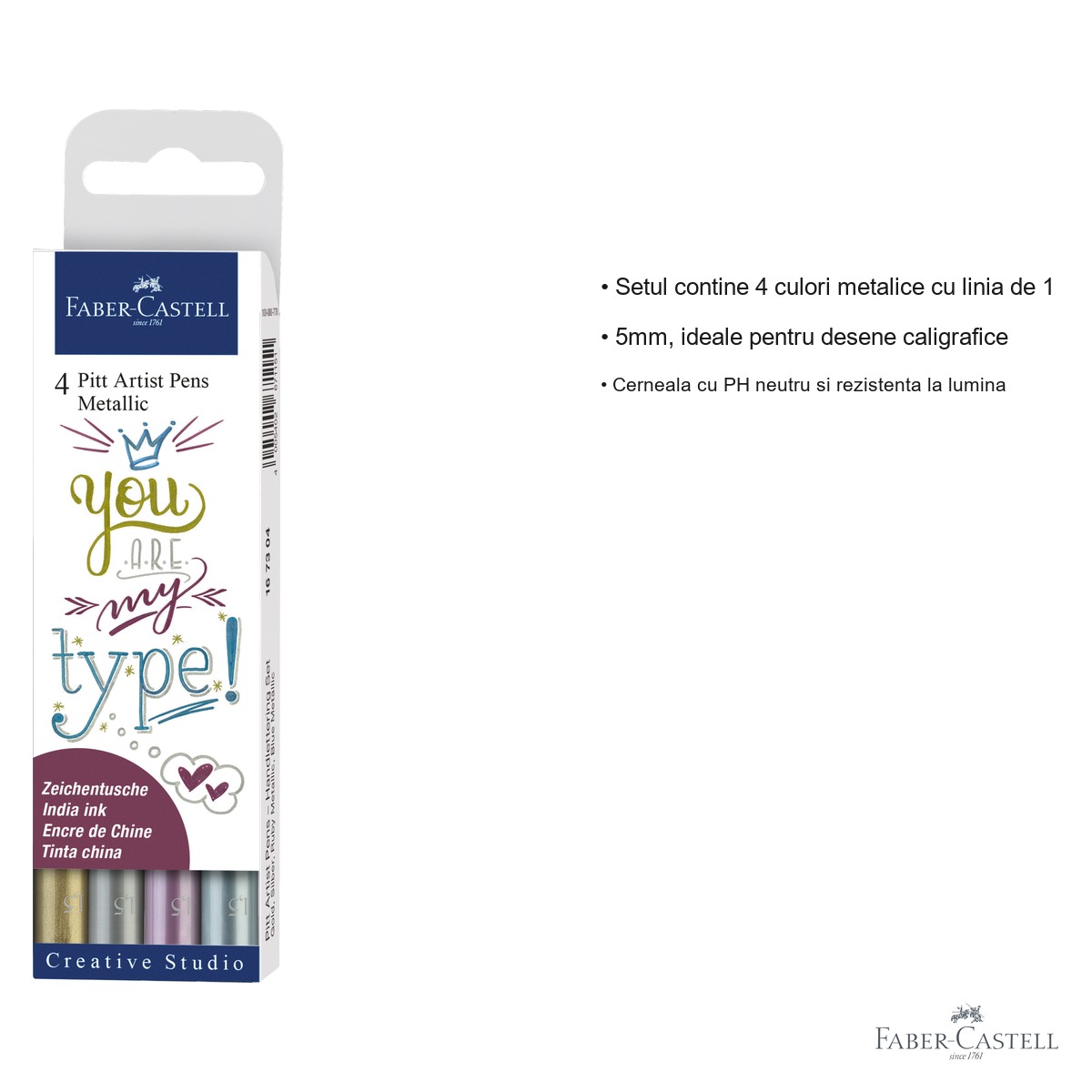 Set 4 markere Pitt Artist Pen Faber-Castell, culori metalizate, linie 1.5mm, pentru desen si caligrafie [2]