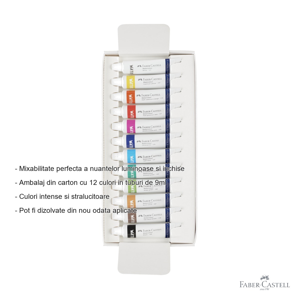 Set tempera Faber-Castell, 12 culori in tuburi de 9ml cu paleta de amestecare, pentru copii si scolari [1]
