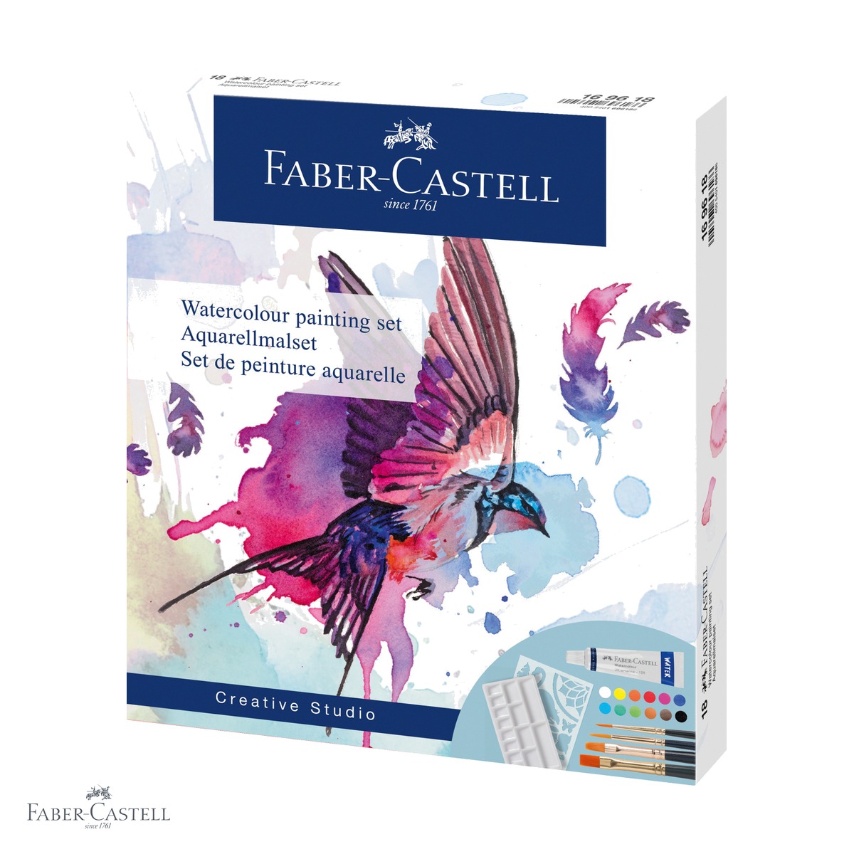 Tempera - Set creativ tempera Faber-Castell, 18 piese, 12 culori x 5 ml cu pensule si sablon, pentru copii