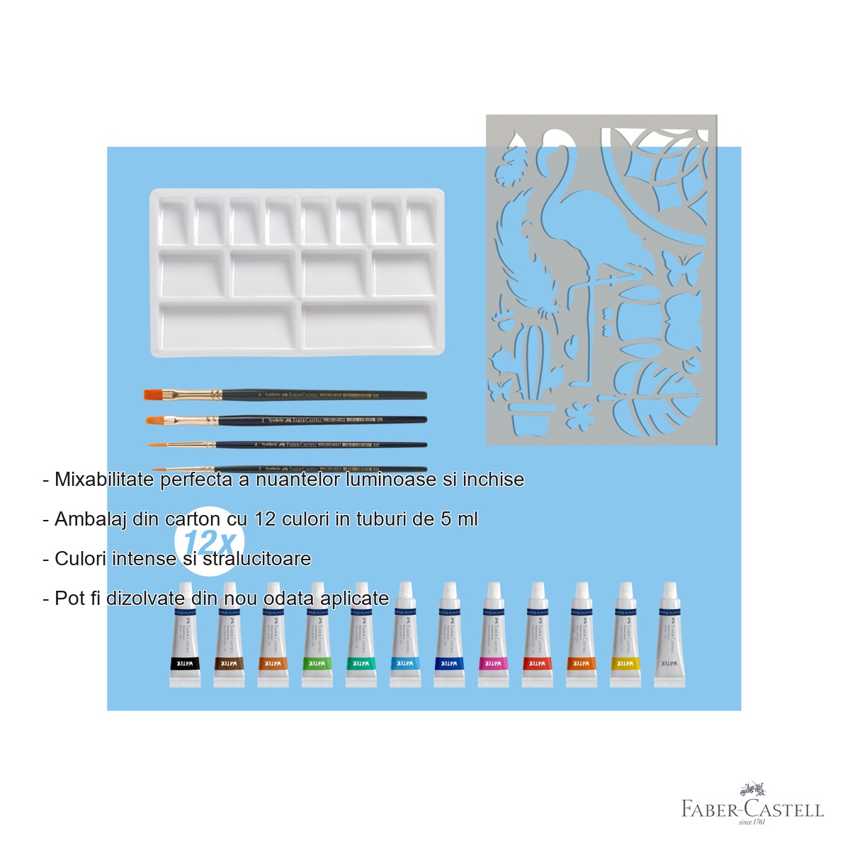 Set creativ tempera Faber-Castell, 18 piese, 12 culori x 5 ml cu pensule si sablon, pentru copii [1]