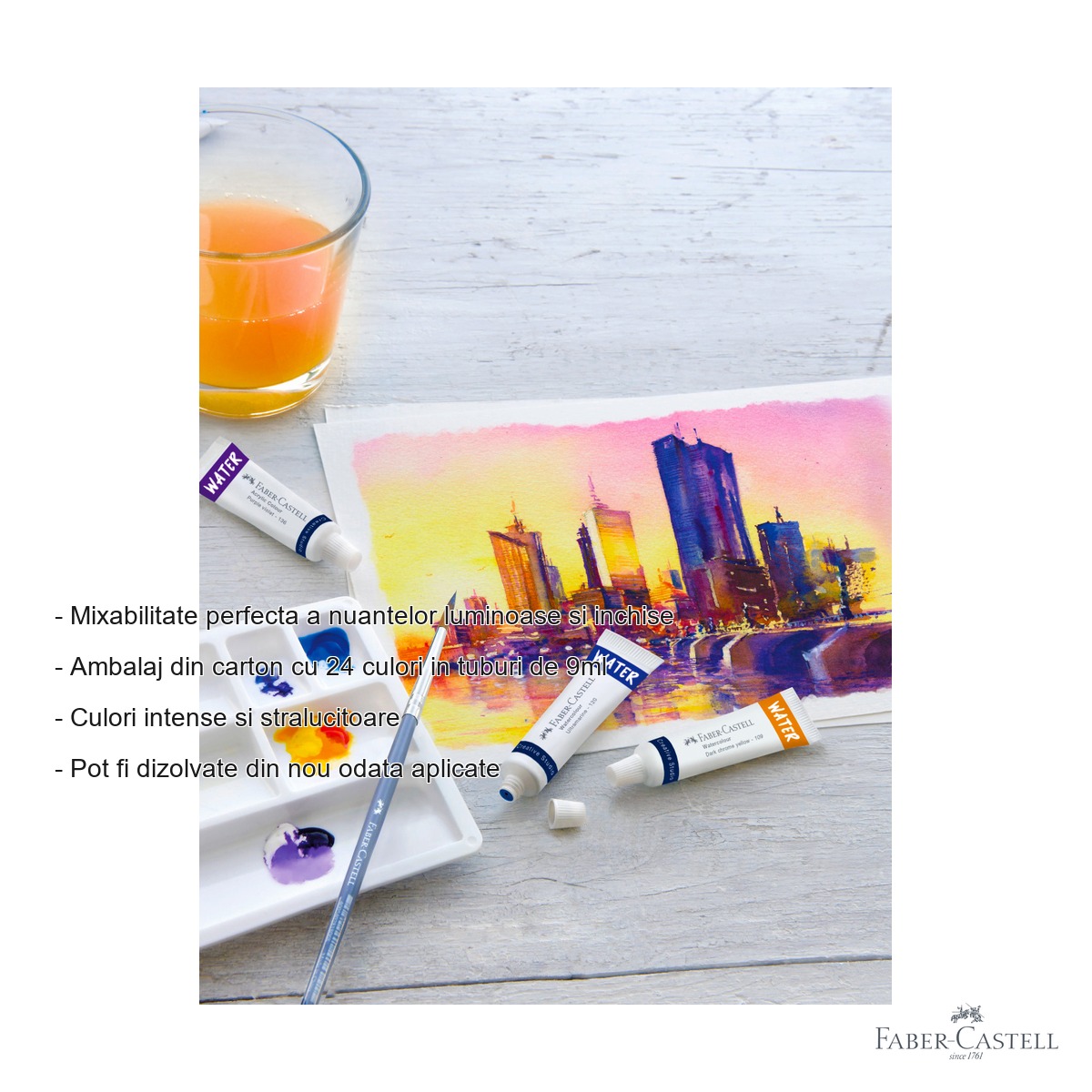 Set tempera acuarele 24 culori 9ml cu paleta de amestecare Faber-Castell, culori intense, pentru copii si elevi [1]