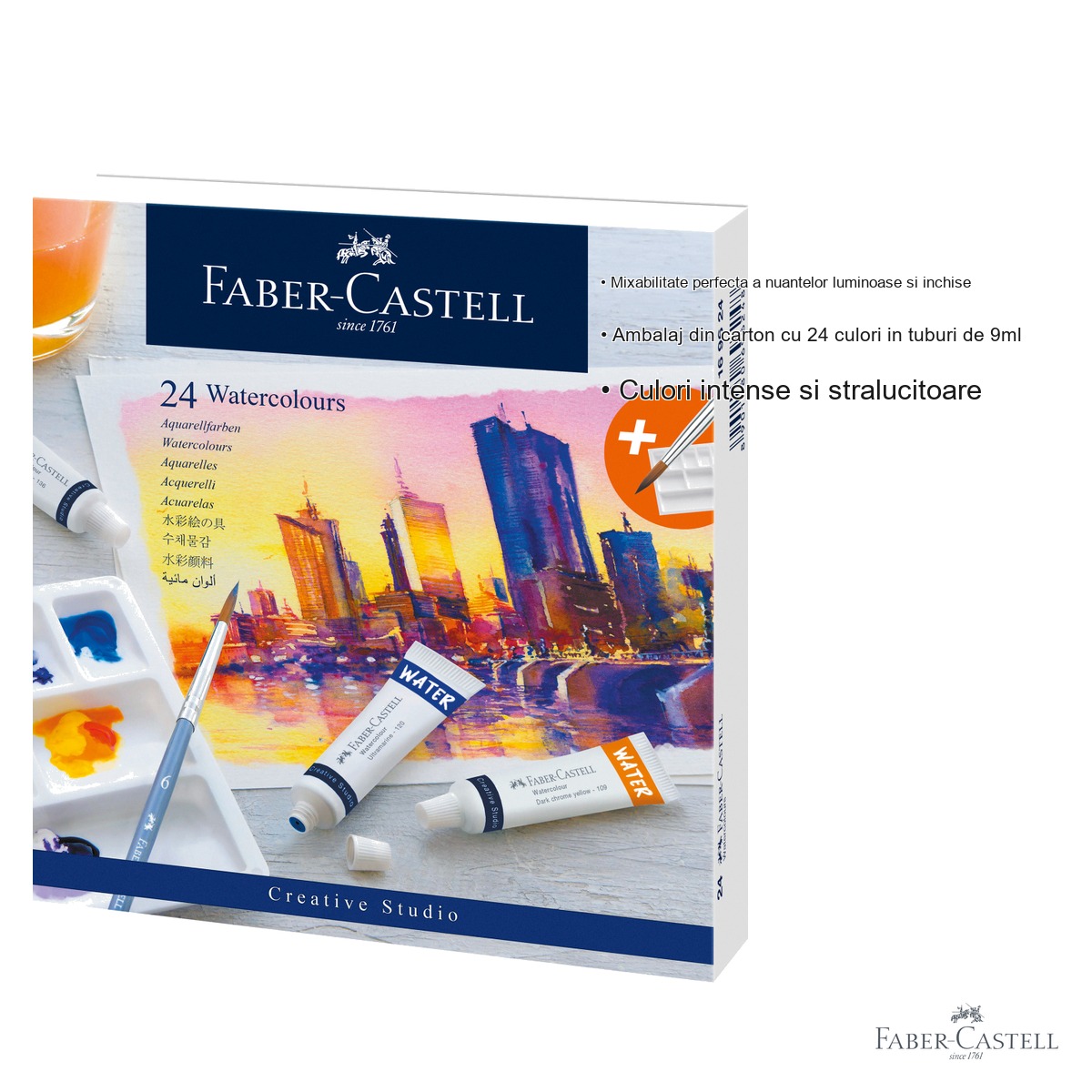 Set tempera acuarele 24 culori 9ml cu paleta de amestecare Faber-Castell, culori intense, pentru copii si elevi [2]