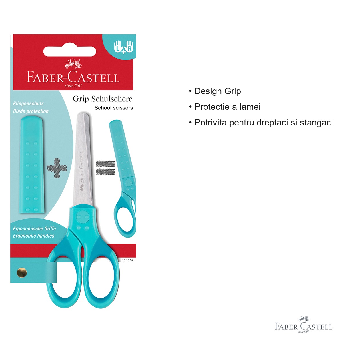 Foarfeca scolara Faber-Castell Grip, protectie lama, varf rotunjit, turcoaz, pentru copii dreptaci si stangaci [2]