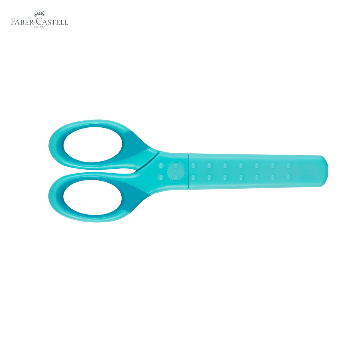 Foarfeca scolara Faber-Castell Grip, protectie lama, varf rotunjit, turcoaz, pentru copii dreptaci si stangaci [4]