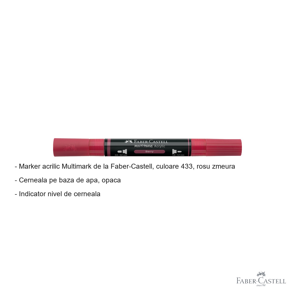 Marker acrilic Faber-Castell Multimark, culoare rosu zmeura 433, varf dublu, pentru multiple suprafete [1]