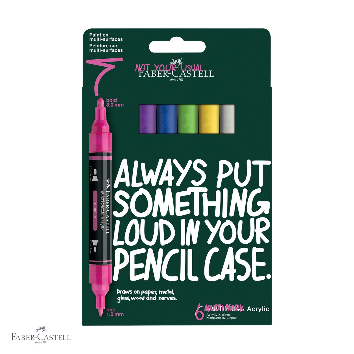 Markere - Set 6 markere acrilice Faber-Castell Multimark, varf dublu, culori intense, pentru multiple suprafete