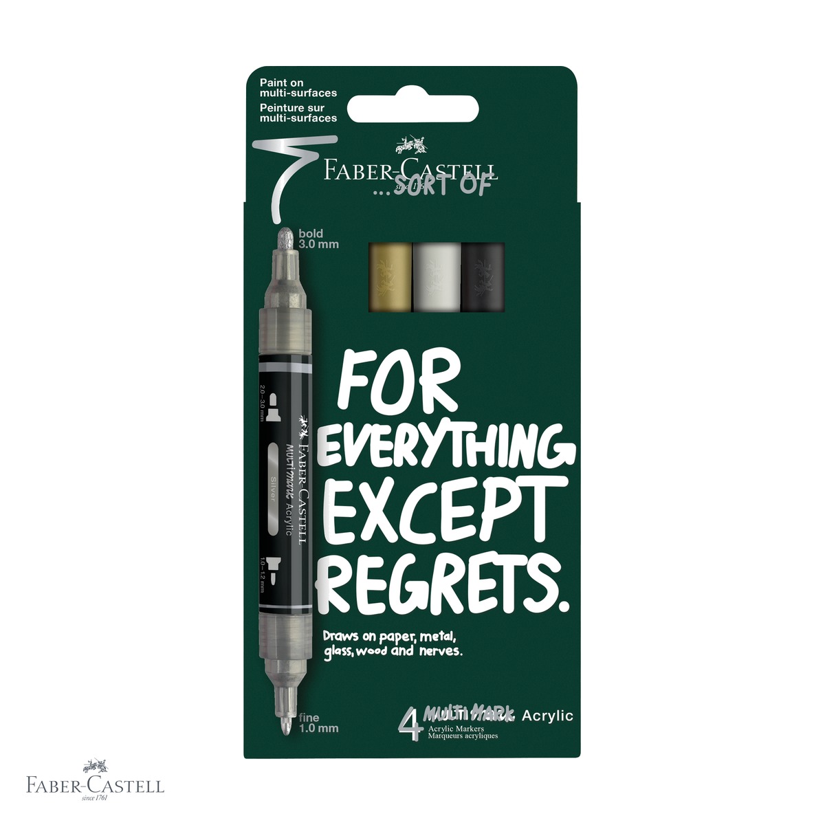 Markere - Set 4 markere acrilice Faber-Castell Multimark, varf dublu, culori negru-alb-gri-auriu, pentru suprafete multiple