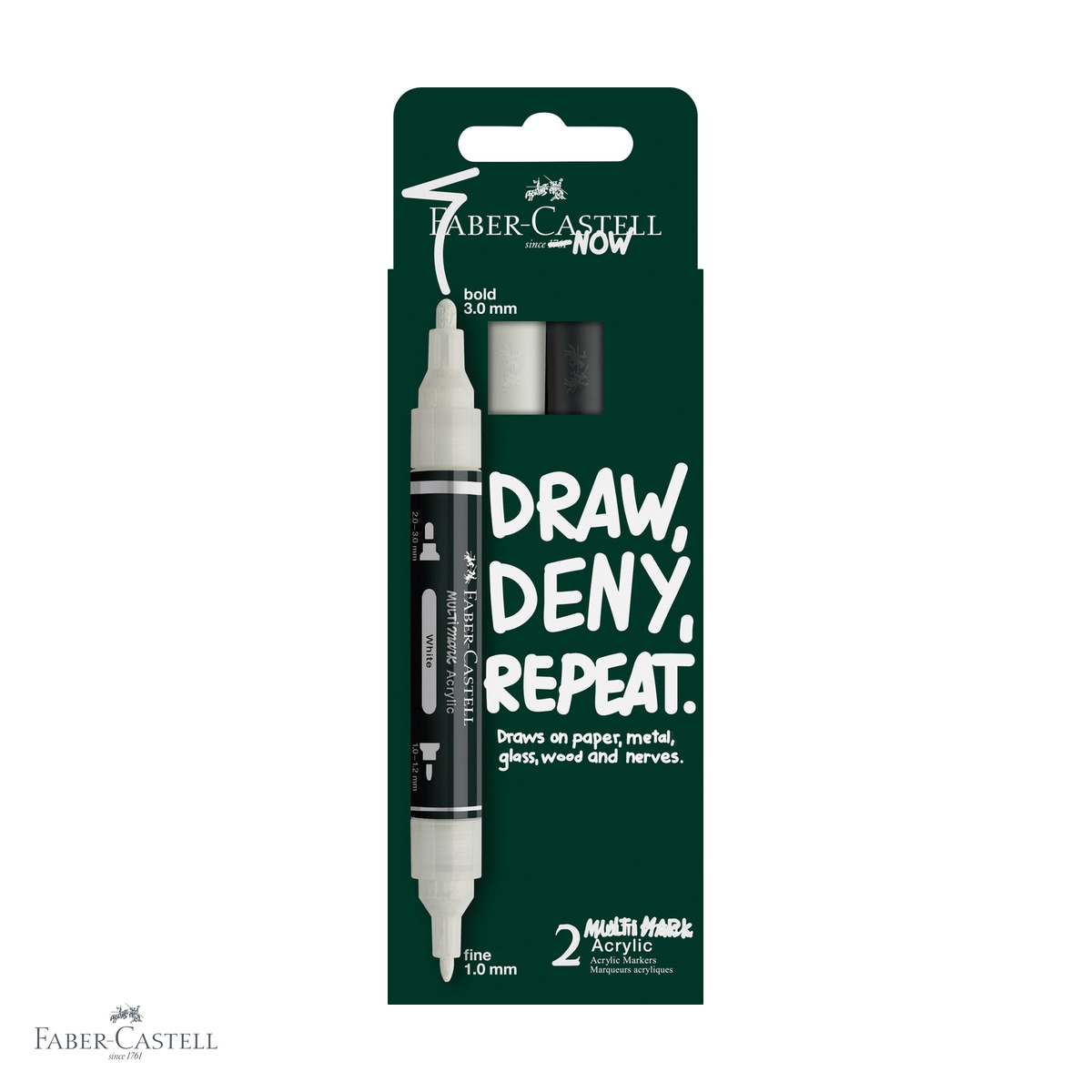 Markere - Set 2 markere acrilice Faber-Castell Multimark alb si negru, varf dublu, pentru suprafete multiple