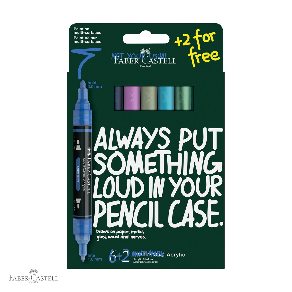 Markere - Set 8 markere acrilice Faber-Castell Multimark, tonuri reci, varf dublu, pentru suprafete multiple