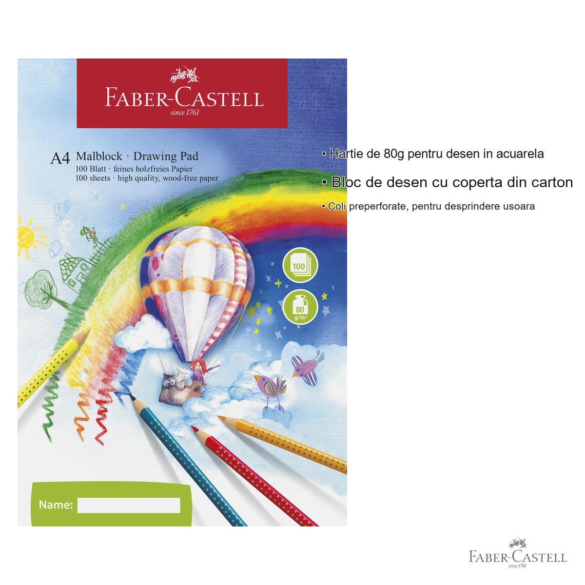 Bloc desen A4 Faber-Castell, 100 file, hartie 80g, pentru acuarela si desen [2]