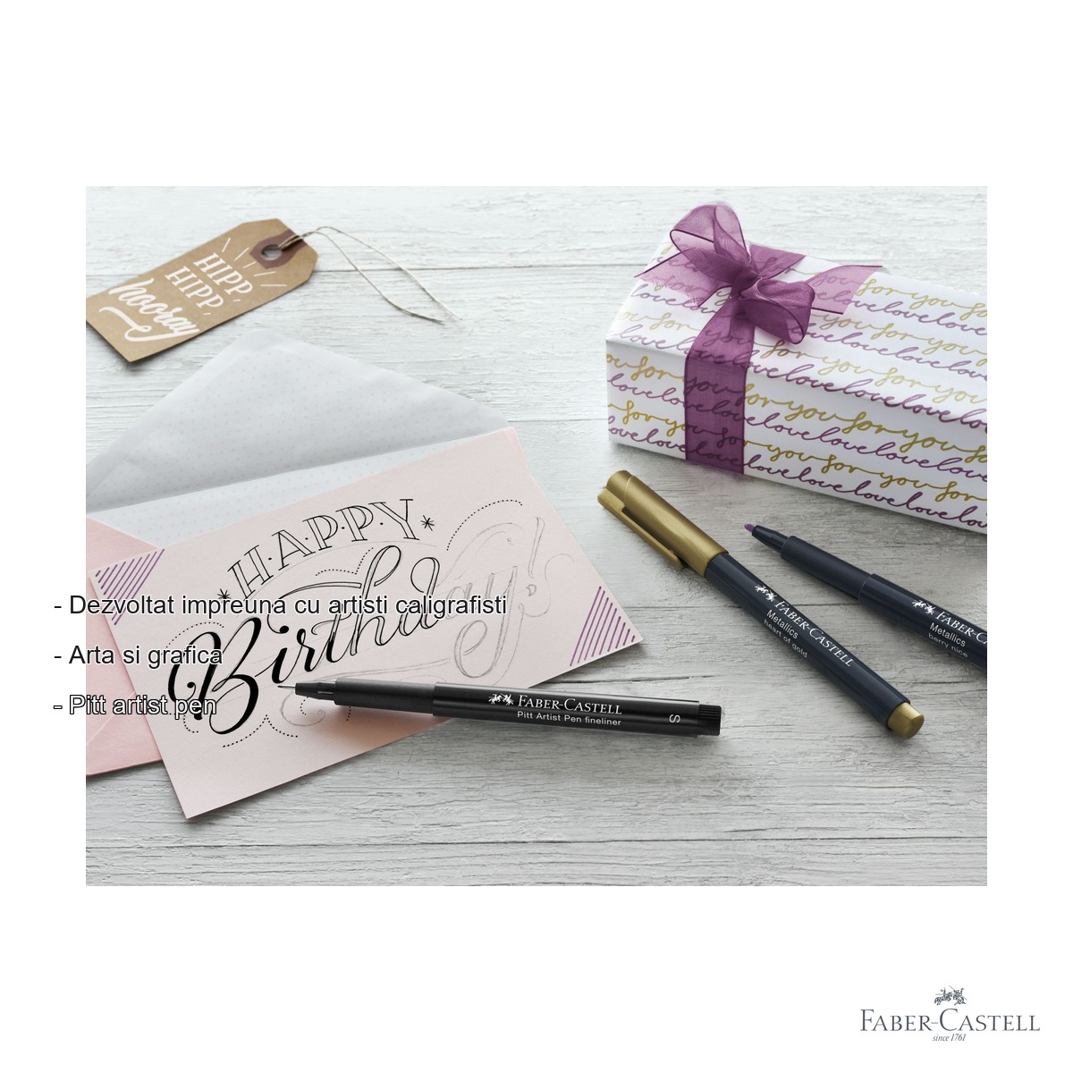 Set starter caligrafie Faber-Castell Pitt Artist Pen, markere brush si metallics, pentru felicitari si etichete cadou [1]
