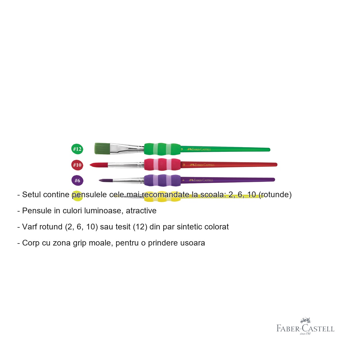 Set 4 pensule Faber-Castell Soft Touch, par sintetic, grip moale, pentru scoala [1]