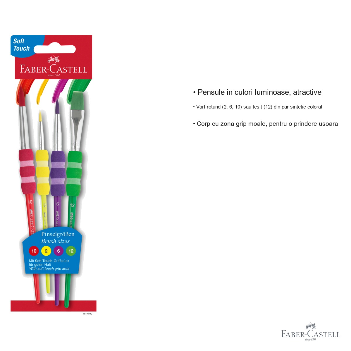 Set 4 pensule Faber-Castell Soft Touch, par sintetic, grip moale, pentru scoala [2]