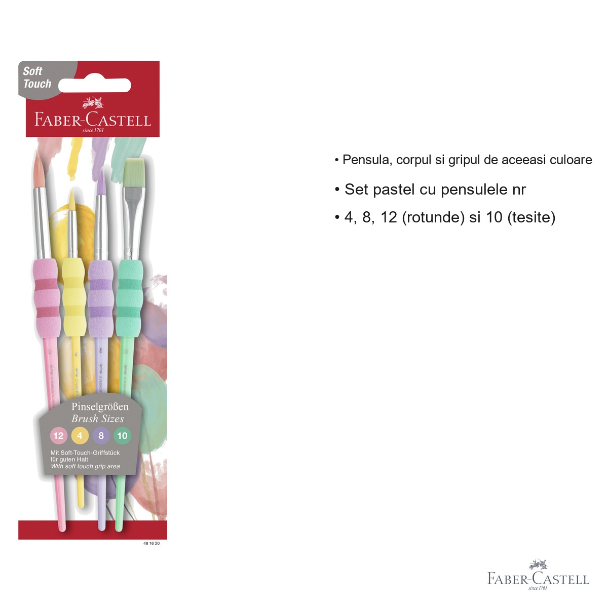 Set 4 pensule Faber-Castell Soft Touch Pastel, par sintetic, rotunde si tesite, pentru desen si pictura [2]