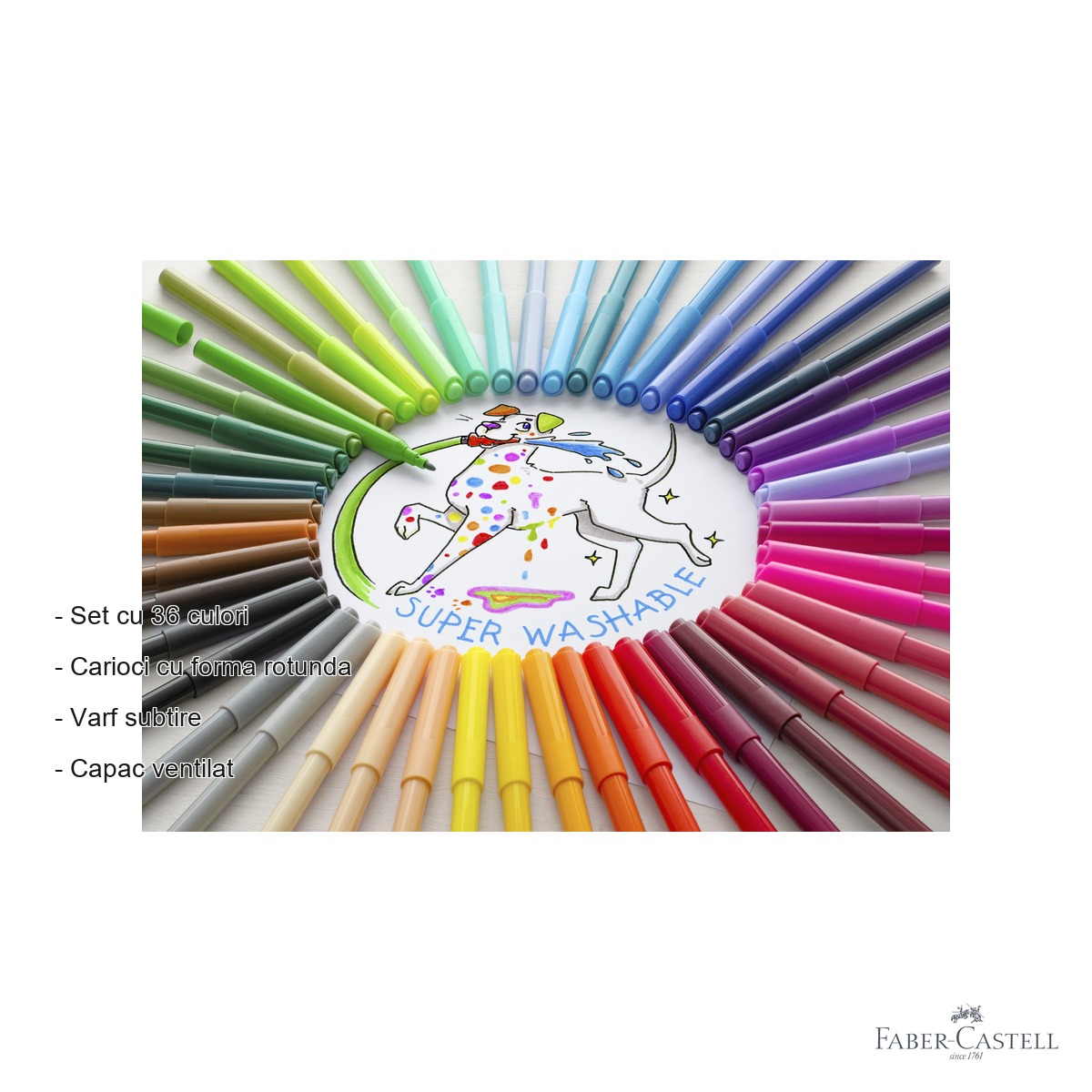 Set 36 carioci Faber-Castell, varf subtire, cerneala pe baza de apa, pentru copii si scoala [1]