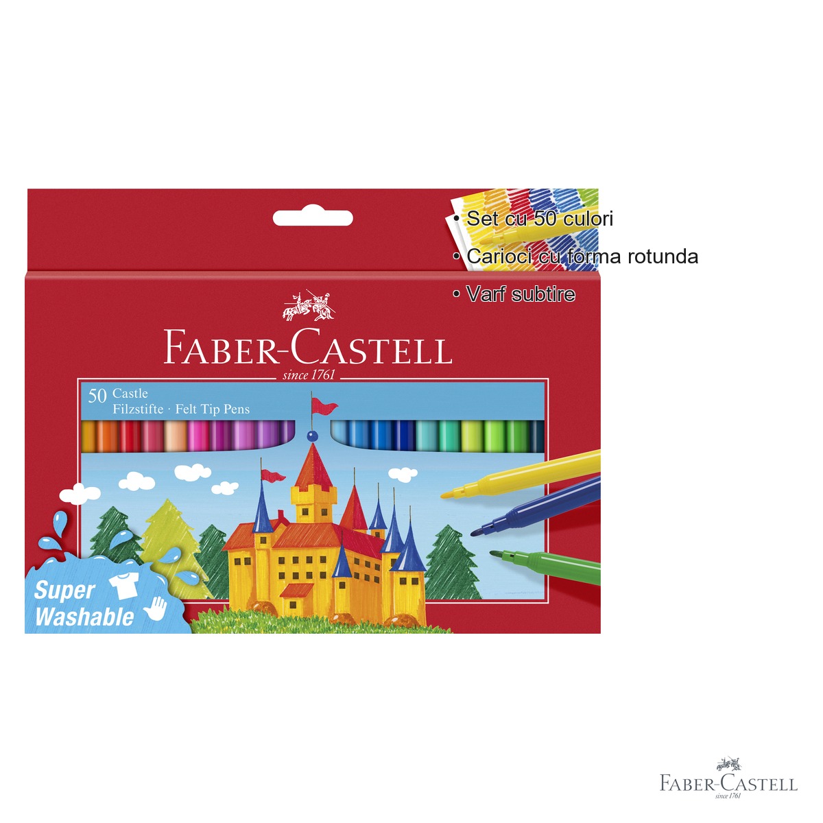 Set 50 carioci Faber-Castell, varf subtire, cerneala pe baza de apa, pentru copii si scolari [2]